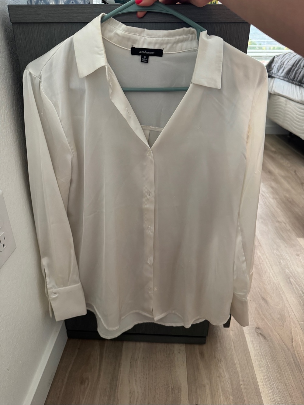 Ambiance Ivory Button-Down V-Neck Long Sleeve Blouse